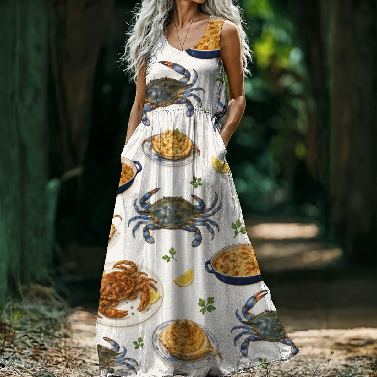 Carolina Blue Crab Sleeveless Maxi Dress