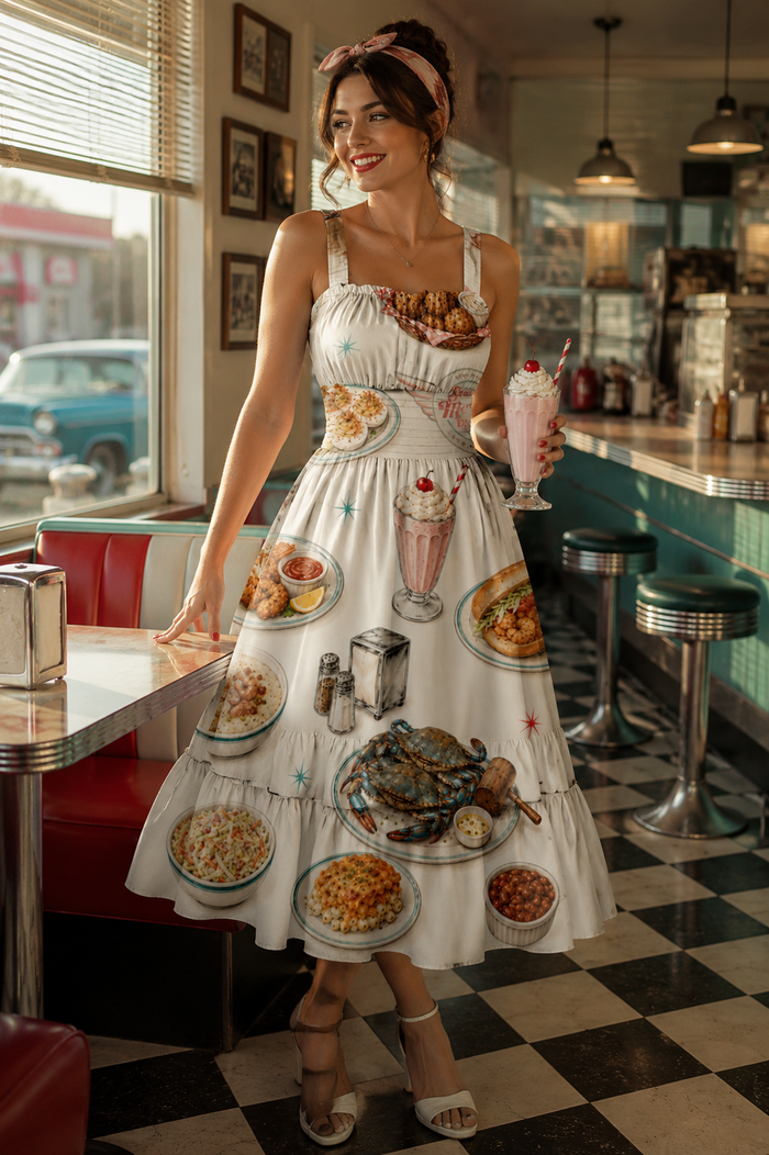 Diner Pattern Ruffle Hem Dress